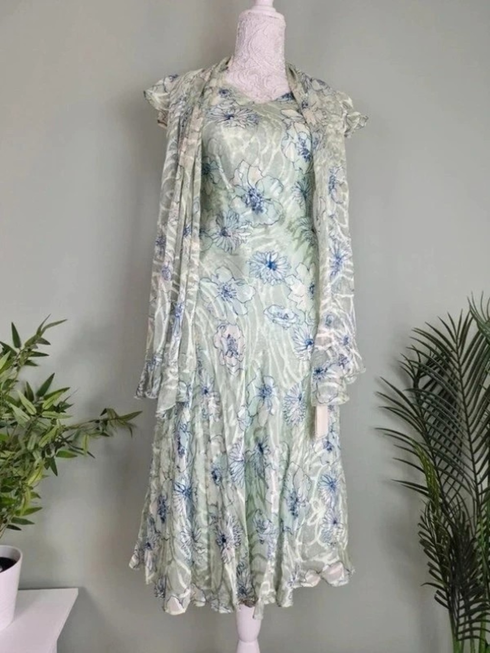 Light Sage Floral Maxi Dress with Sheer Shawl